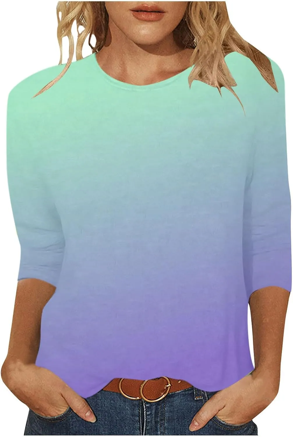 Womens Long Sleeve Crewneck Tunic Tops Gradient Color Block Shirts Blouse Slim Fit Tees T-Shirt Teen Girl Dressy Casual