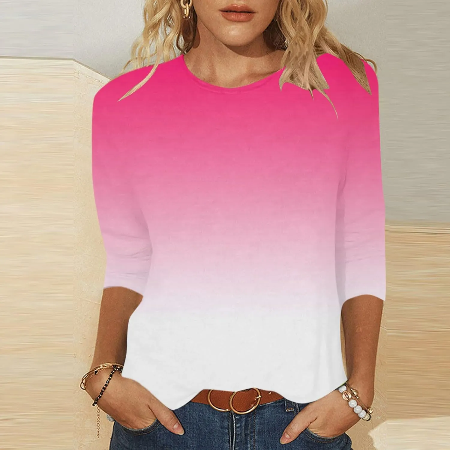 Womens Long Sleeve Crewneck Tunic Tops Gradient Color Block Shirts Blouse Slim Fit Tees T-Shirt Teen Girl Dressy Casual