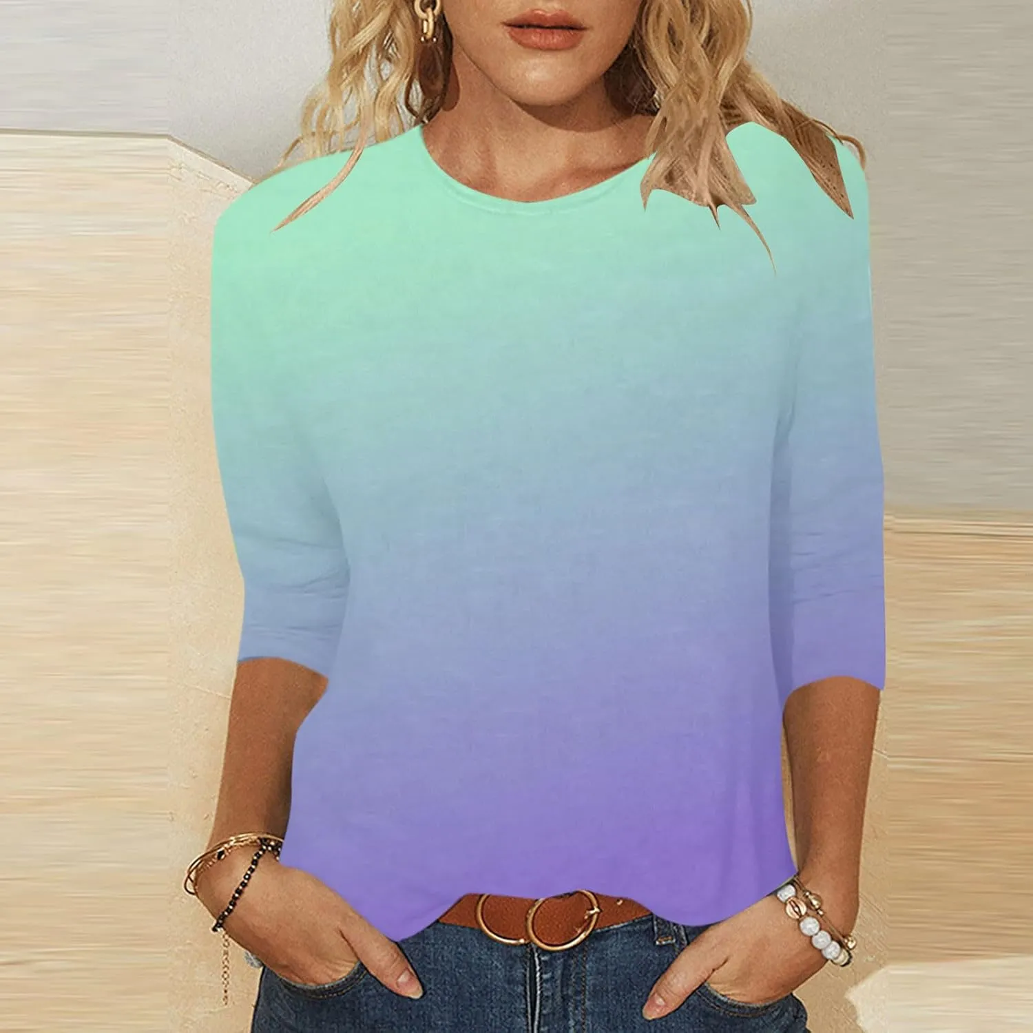 Womens Long Sleeve Crewneck Tunic Tops Gradient Color Block Shirts Blouse Slim Fit Tees T-Shirt Teen Girl Dressy Casual
