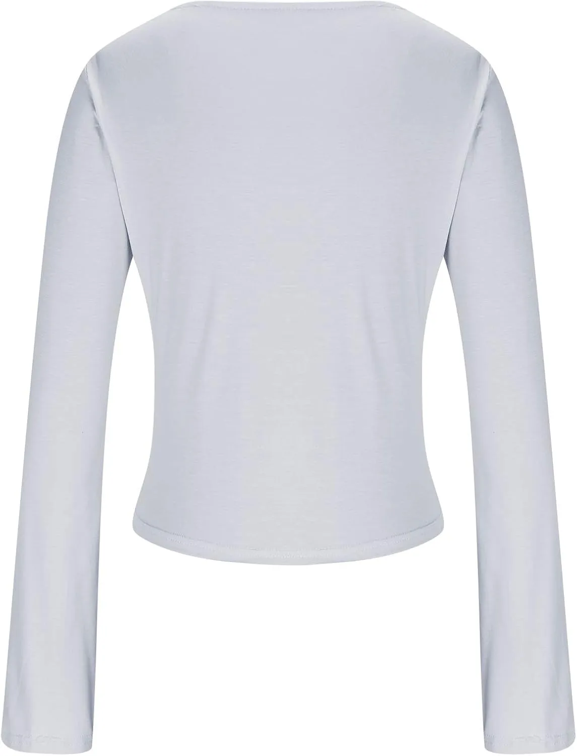 Women's Long Sleeve Deep V Neck Front Tie Bowknot Shirts Solid Color Ruched Split Trendy Blouse Y2K Slim Fit Crop Tops