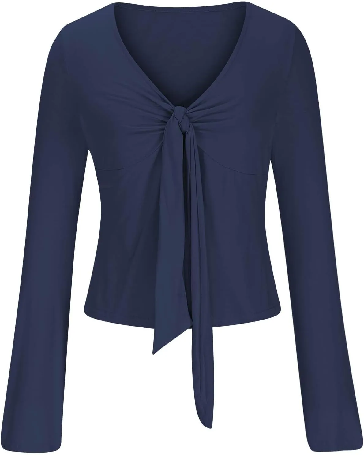 Women's Long Sleeve Deep V Neck Front Tie Bowknot Shirts Solid Color Ruched Split Trendy Blouse Y2K Slim Fit Crop Tops