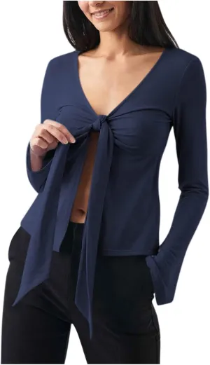 Women's Long Sleeve Deep V Neck Front Tie Bowknot Shirts Solid Color Ruched Split Trendy Blouse Y2K Slim Fit Crop Tops