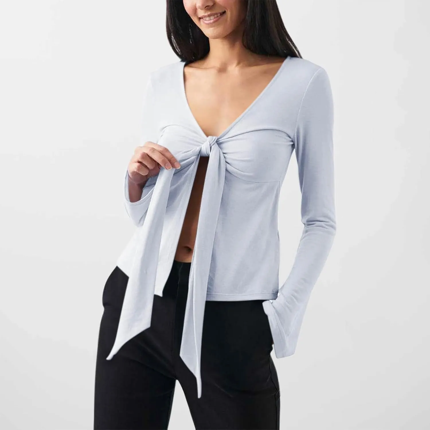 Women's Long Sleeve Deep V Neck Front Tie Bowknot Shirts Solid Color Ruched Split Trendy Blouse Y2K Slim Fit Crop Tops