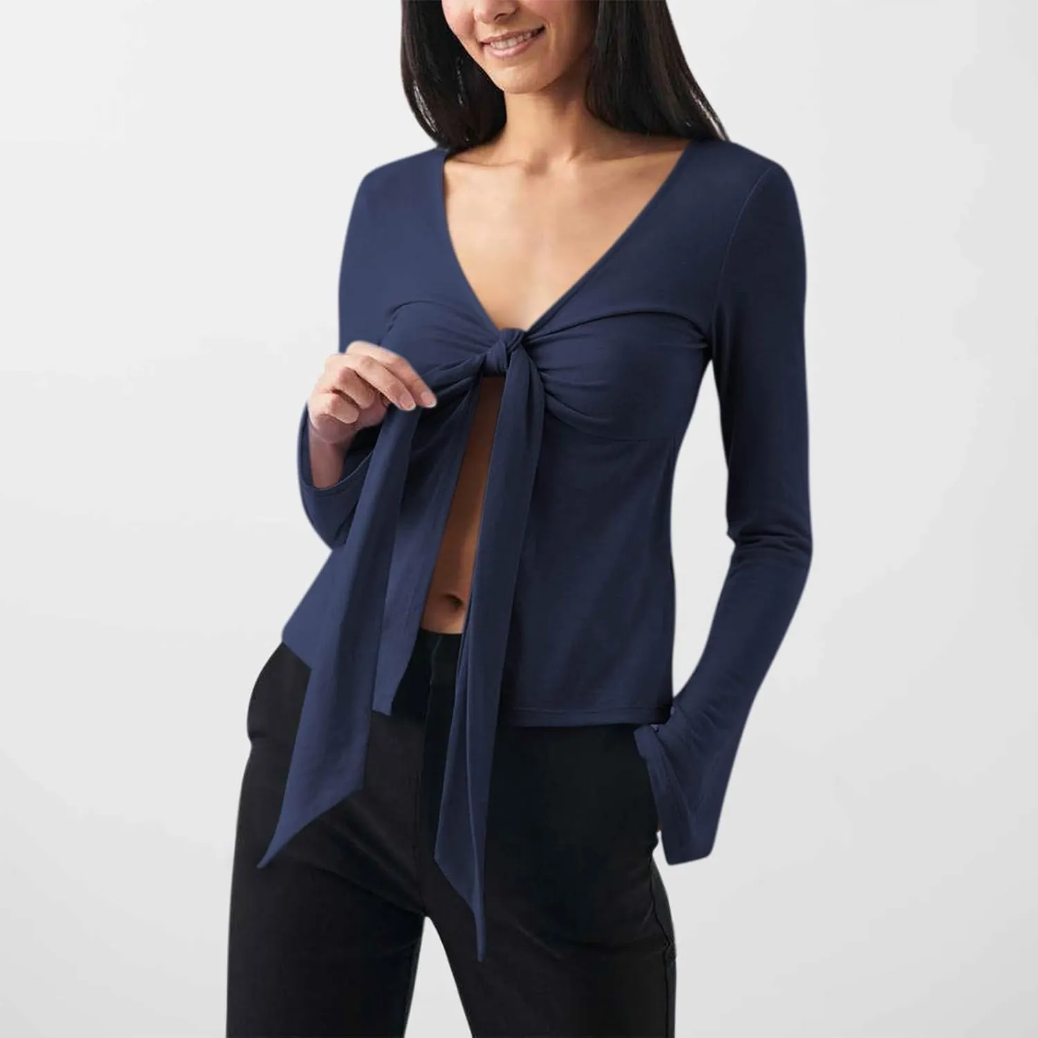 Women's Long Sleeve Deep V Neck Front Tie Bowknot Shirts Solid Color Ruched Split Trendy Blouse Y2K Slim Fit Crop Tops