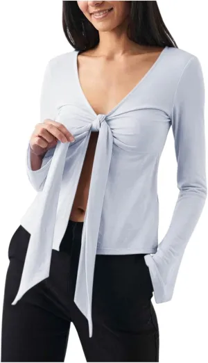Women's Long Sleeve Deep V Neck Front Tie Bowknot Shirts Solid Color Ruched Split Trendy Blouse Y2K Slim Fit Crop Tops
