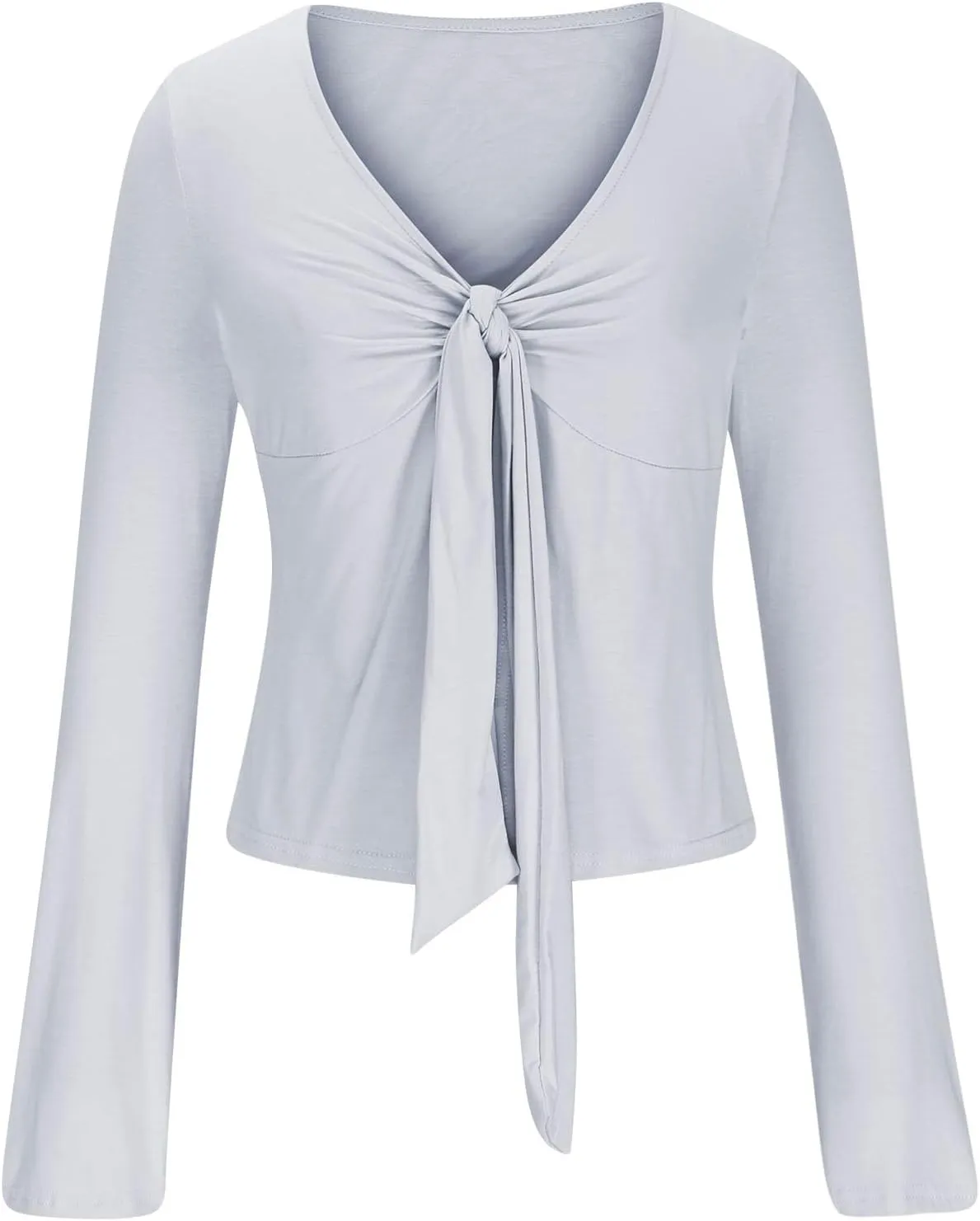 Women's Long Sleeve Deep V Neck Front Tie Bowknot Shirts Solid Color Ruched Split Trendy Blouse Y2K Slim Fit Crop Tops