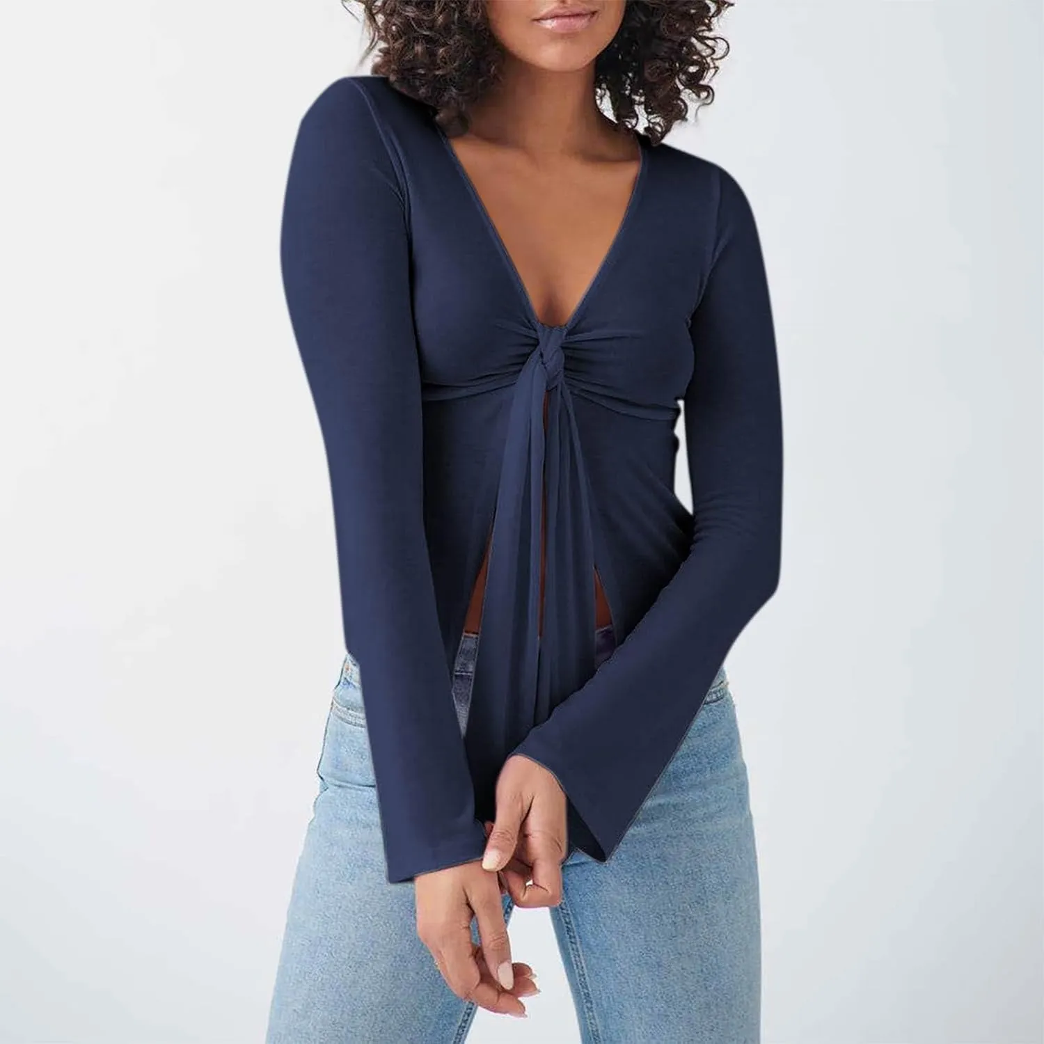 Women's Long Sleeve Deep V Neck Front Tie Bowknot Shirts Solid Color Ruched Split Trendy Blouse Y2K Slim Fit Crop Tops