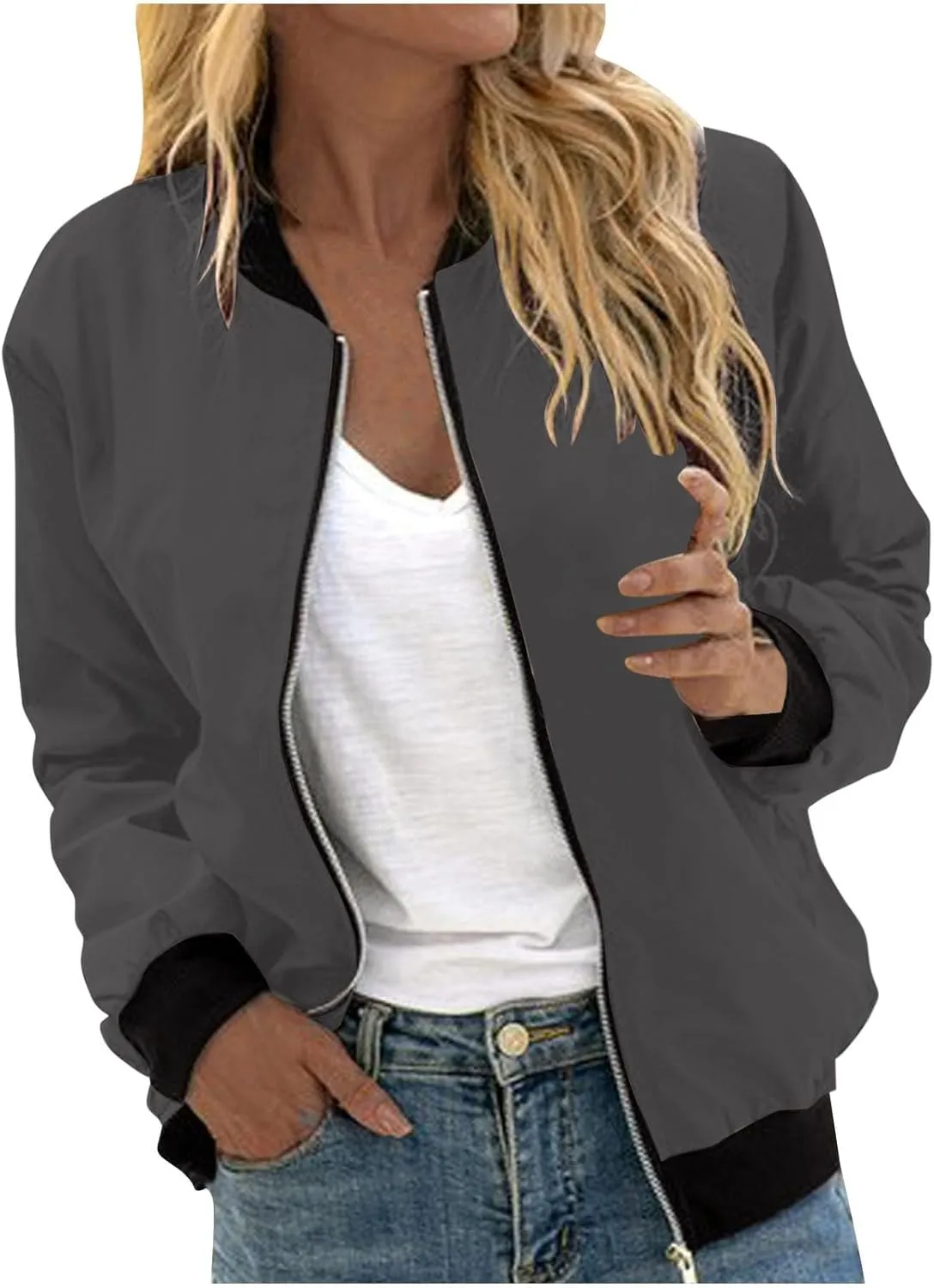Womens Long Sleeve Lightweight Bomber Jacket Full Zip Up Casual Cropped Coat Fall Winter Fashion Solid Color Outerwear