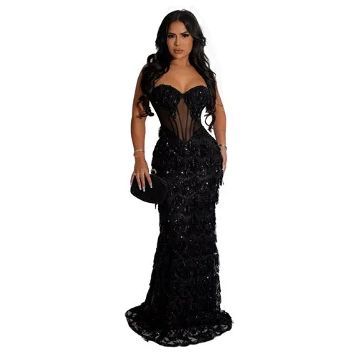 Women's Luxury Sequin Mesh Bodycon Gown – Floor-Length Elegant Sheath Dress for Parties, Formal Events, and Red-Carpet Moments