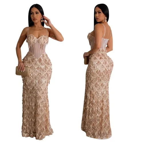 Women's Luxury Sequin Mesh Bodycon Gown – Floor-Length Elegant Sheath Dress for Parties, Formal Events, and Red-Carpet Moments