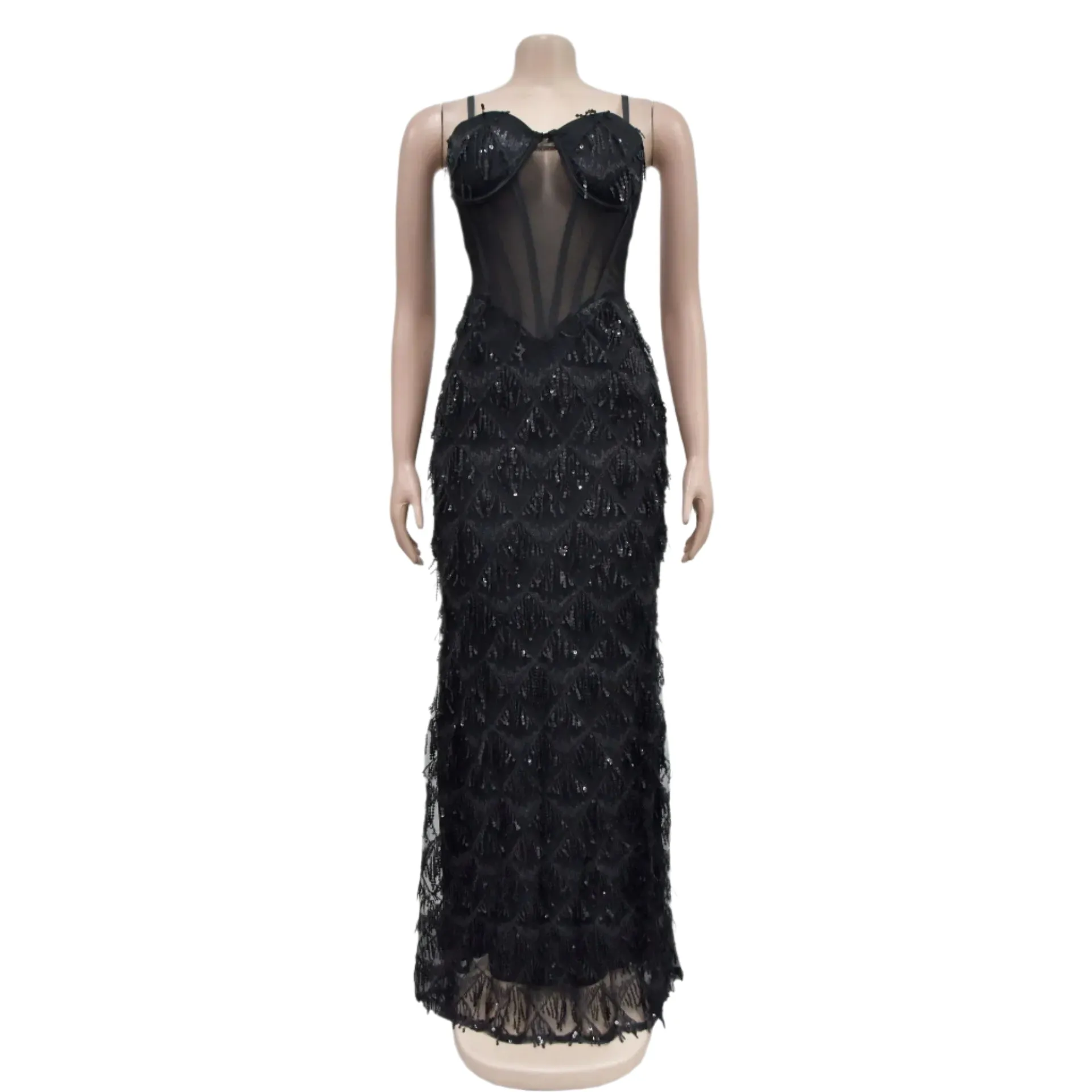 Women's Luxury Sequin Mesh Bodycon Gown – Floor-Length Elegant Sheath Dress for Parties, Formal Events, and Red-Carpet Moments