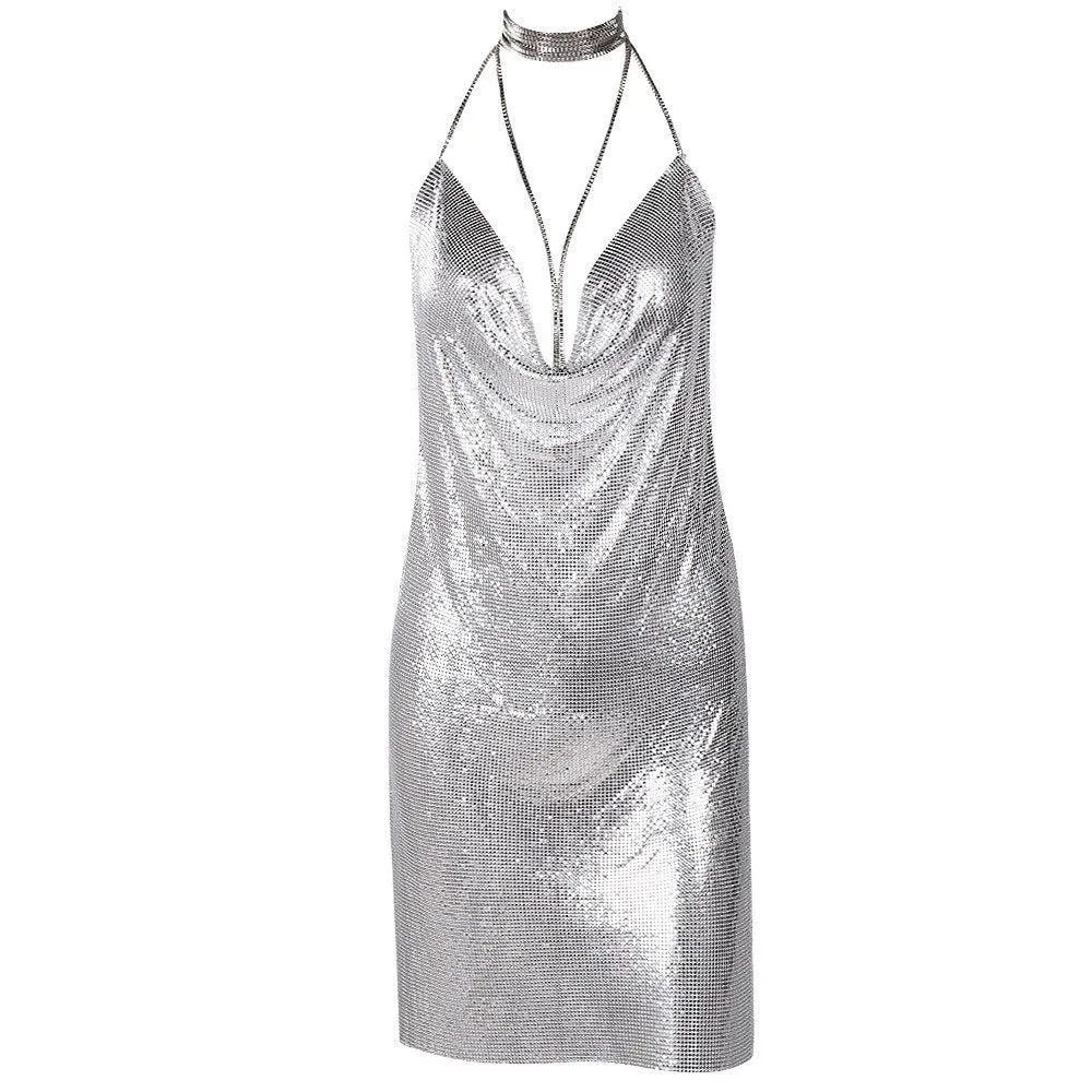Women's Metallic Chainmail Mini Party Dress