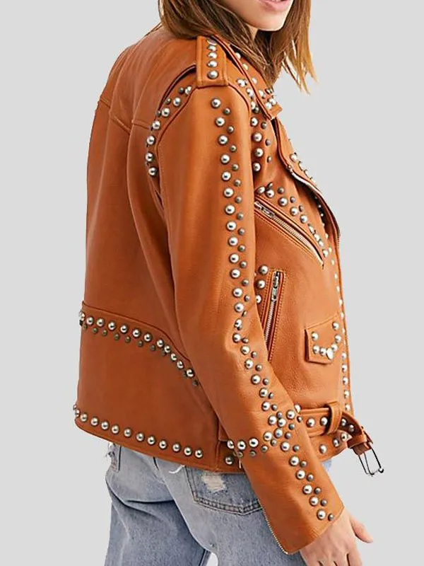 WOMENS MOTO BIKER BROWN STUDDED LEATHER JACKET