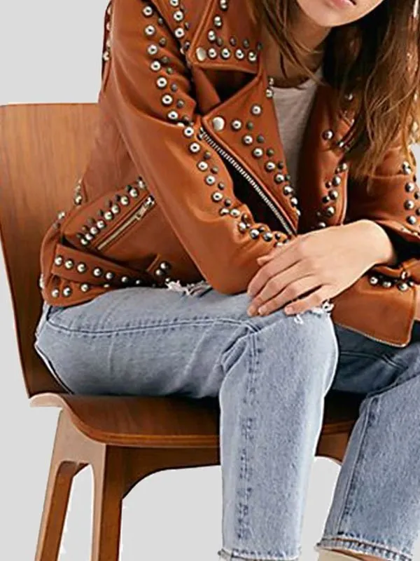 WOMENS MOTO BIKER BROWN STUDDED LEATHER JACKET