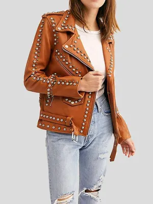 WOMENS MOTO BIKER BROWN STUDDED LEATHER JACKET