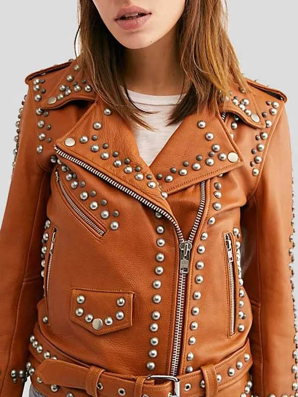WOMENS MOTO BIKER BROWN STUDDED LEATHER JACKET