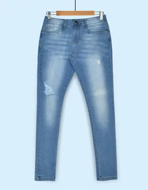 Women's Muse Looks Distressed Mid Rise Skinny Denim Jeans - Blue Mid Rise