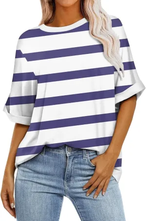 Women's Oversized T Shirts Short Sleeve Crewneck Summer Tops Casual Striped Color Block Tee Shirt 2024 Trendy Clothes