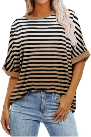 Women's Oversized T Shirts Short Sleeve Crewneck Summer Tops Casual Striped Color Block Tee Shirt 2024 Trendy Clothes