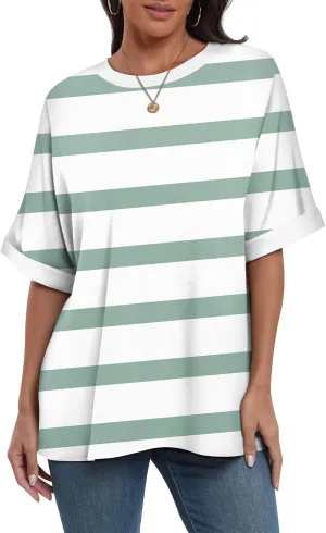Women's Oversized T Shirts Short Sleeve Crewneck Summer Tops Casual Striped Color Block Tee Shirt 2024 Trendy Clothes