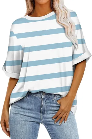 Women's Oversized T Shirts Short Sleeve Crewneck Summer Tops Casual Striped Color Block Tee Shirt 2024 Trendy Clothes