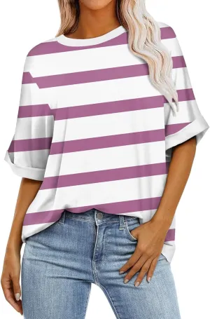 Women's Oversized T Shirts Short Sleeve Crewneck Summer Tops Casual Striped Color Block Tee Shirt 2024 Trendy Clothes