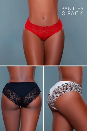 Women's (Pack of 3) Floral Lace Waist & Hem Design Mid Rise Bikini Panty