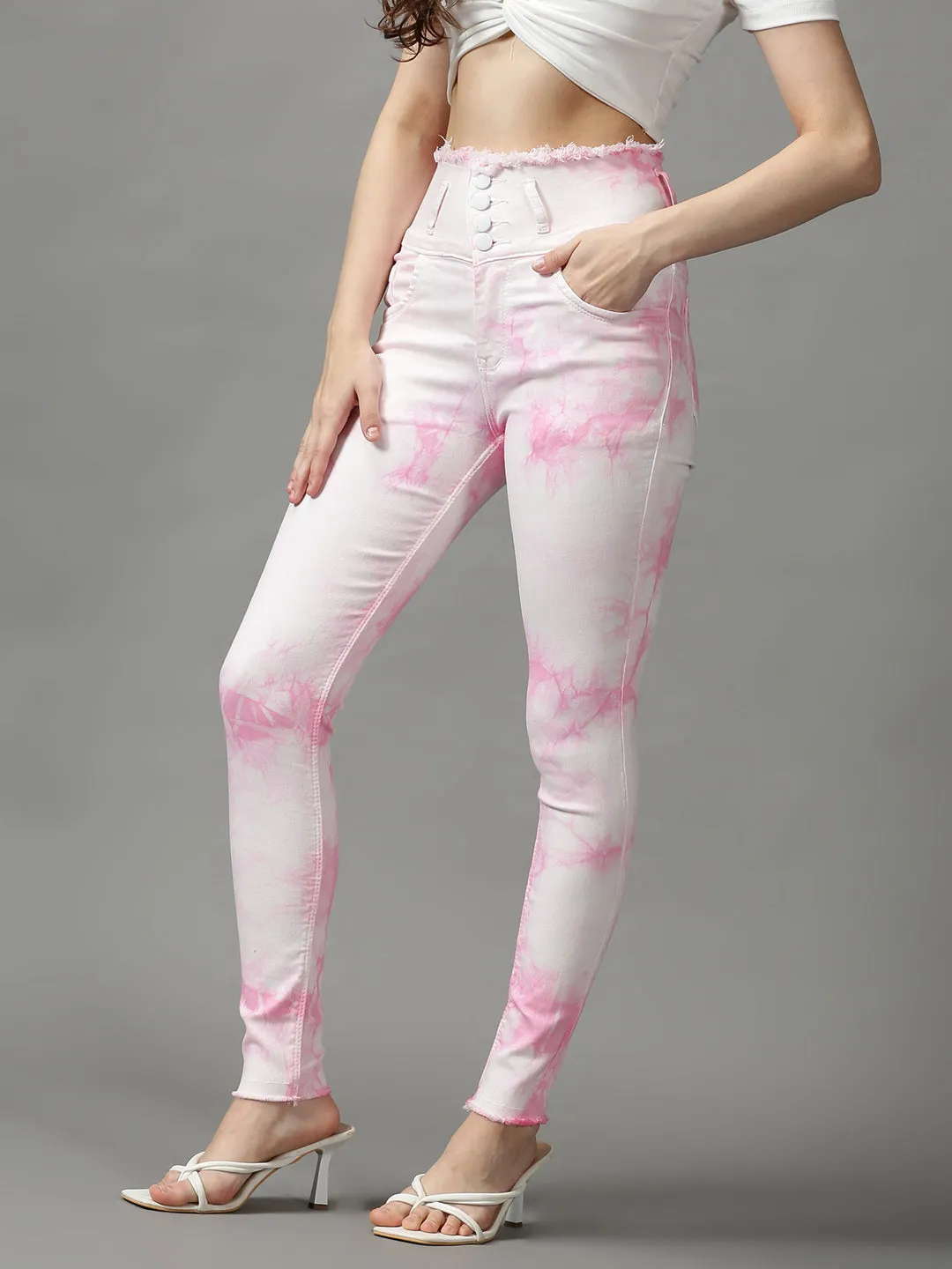Women's Pink Solid Skinny Fit Denim Jeans