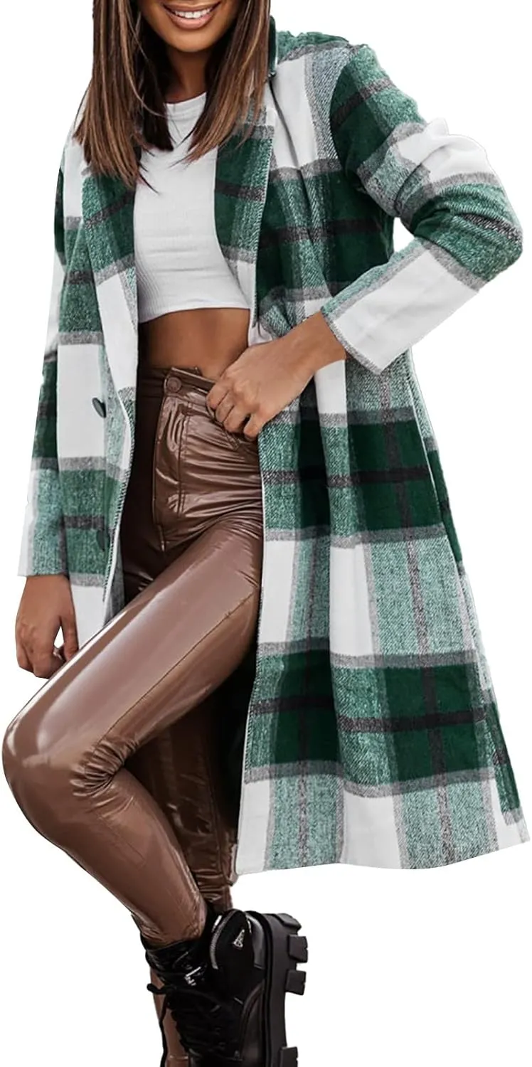 Women's Plaid Jacket Casual Button Down Shirt Lapel Blend Tartan Trench Coat Crazy Wool Winter Jackets Women Green