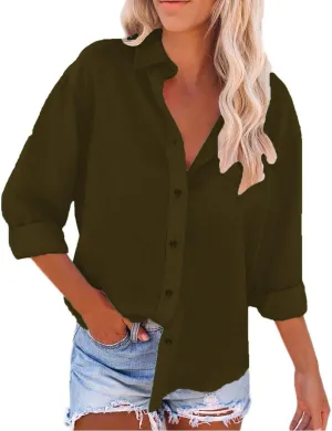 Women's Plus Size Linen T-Shirts Fall Lapel Long Sleeve Tops Casual Loose Lightweight Outdoor Beach Solid Shirts
