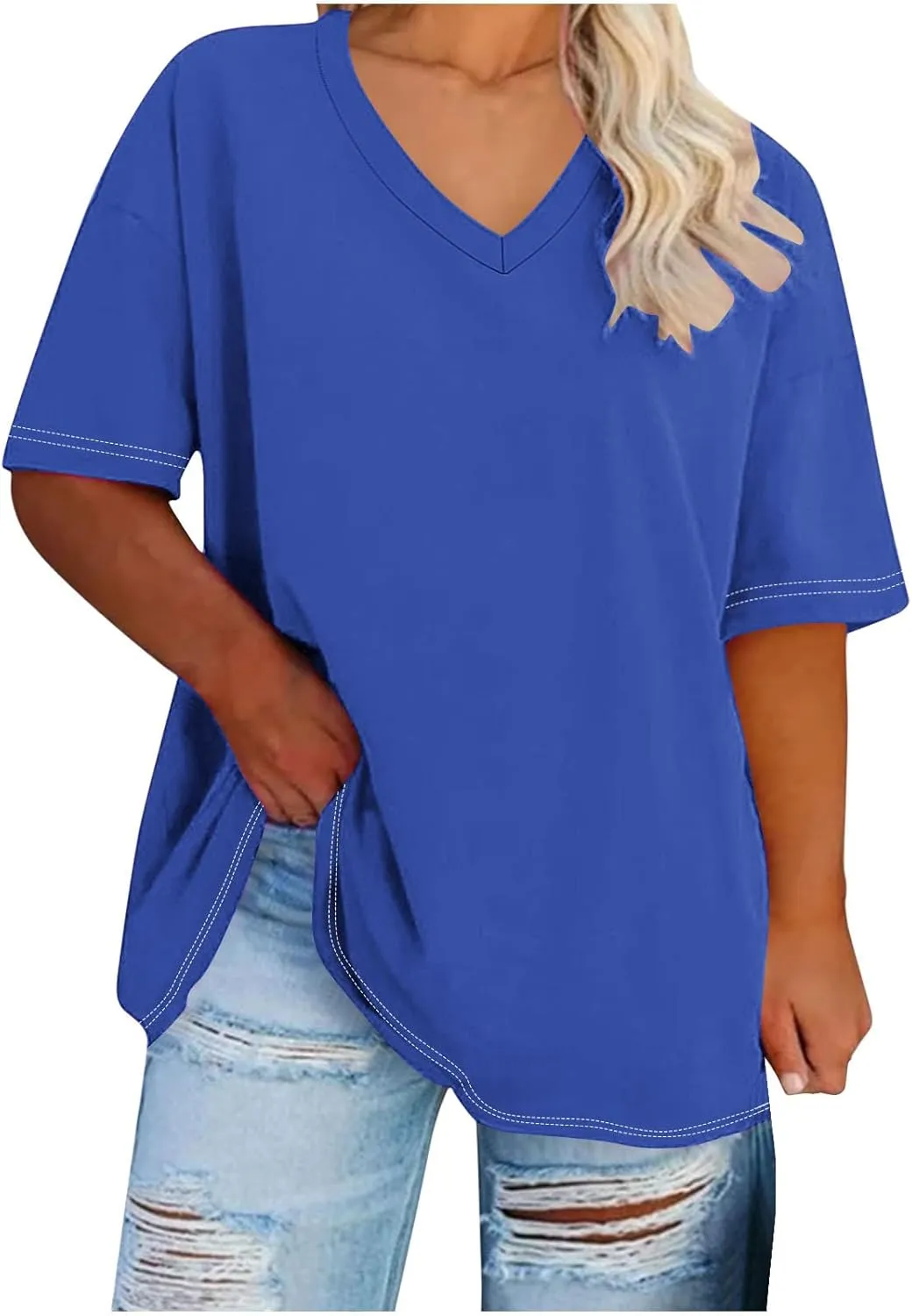Womens Plus Size T Shirt V Neck Loose Fit Short Sleeve Tunic Top Summer Casual Tops Oversized Solid Blouse