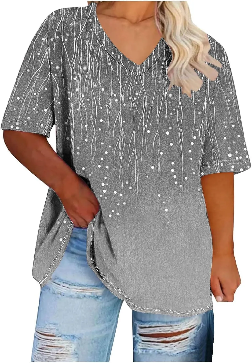 Womens Plus Size Tops Short Sleeve Tunic V-Neck Shirts Summer Casual Loose Blouse 3D Graphic Tees Tops