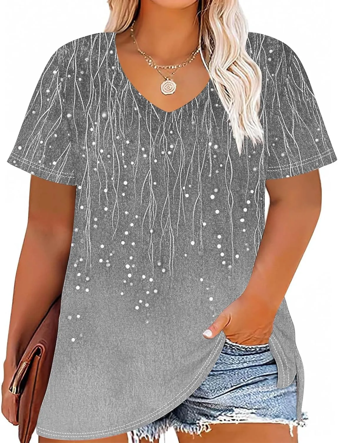 Womens Plus Size Tops Short Sleeve Tunic V-Neck Shirts Summer Casual Loose Blouse 3D Graphic Tees Tops