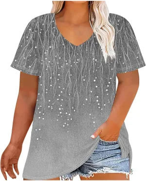 Womens Plus Size Tops Short Sleeve Tunic V-Neck Shirts Summer Casual Loose Blouse 3D Graphic Tees Tops