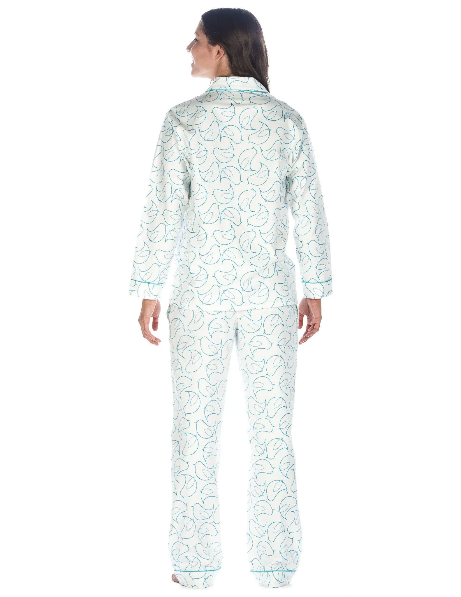 Women's Premium 100% Cotton Flannel Pajama Sleepwear Set (Relaxed Fit) - Bird White