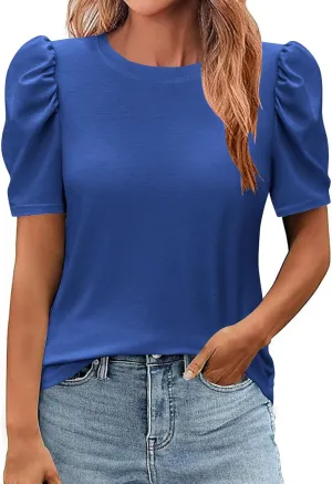 Womens Puff Sleeve Tops Crew Neck Solid Color Basic Tee Shirts Casual Short Sleeve Summer Blouses