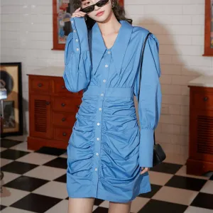 Women's Ruched Front Design Peter Pan Collar Dress