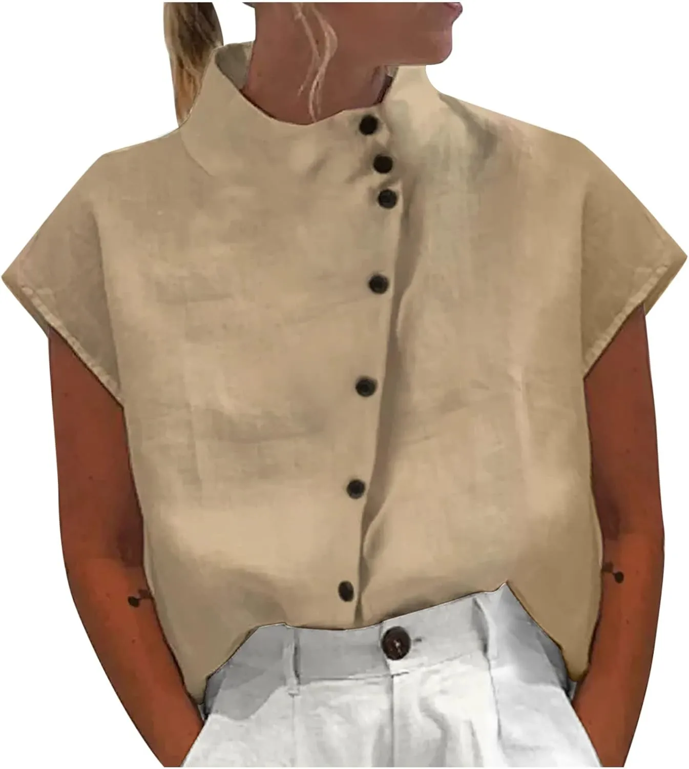 Womens Short Sleeve Button Cotton Linen Tops Simple Solid Color Tees Shirts Loose Casual Fashion Blouse