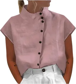 Womens Short Sleeve Button Cotton Linen Tops Simple Solid Color Tees Shirts Loose Casual Fashion Blouse