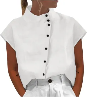 Womens Short Sleeve Button Cotton Linen Tops Simple Solid Color Tees Shirts Loose Casual Fashion Blouse
