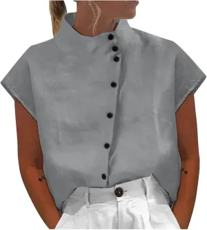 Womens Short Sleeve Button Cotton Linen Tops Simple Solid Color Tees Shirts Loose Casual Fashion Blouse
