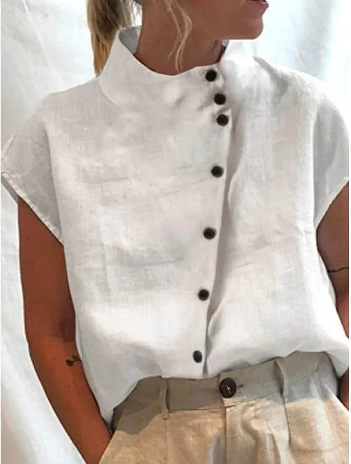 Womens Short Sleeve Button Cotton Linen Tops Simple Solid Color Tees Shirts Loose Casual Fashion Blouse
