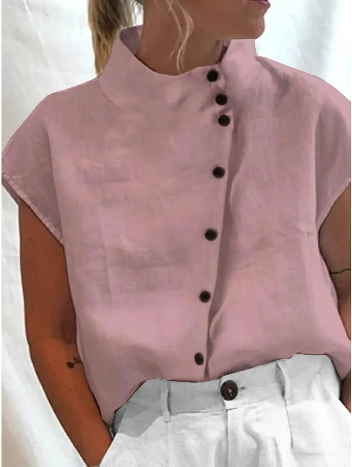 Womens Short Sleeve Button Cotton Linen Tops Simple Solid Color Tees Shirts Loose Casual Fashion Blouse