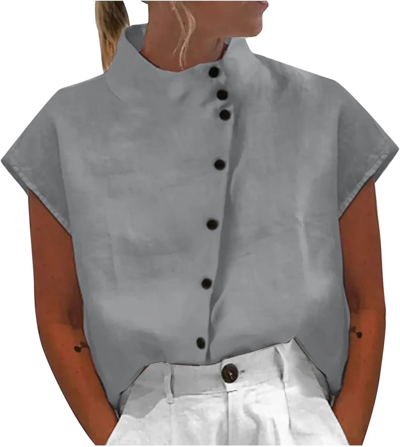 Womens Short Sleeve Button Cotton Linen Tops Simple Solid Color Tees Shirts Loose Casual Fashion Blouse