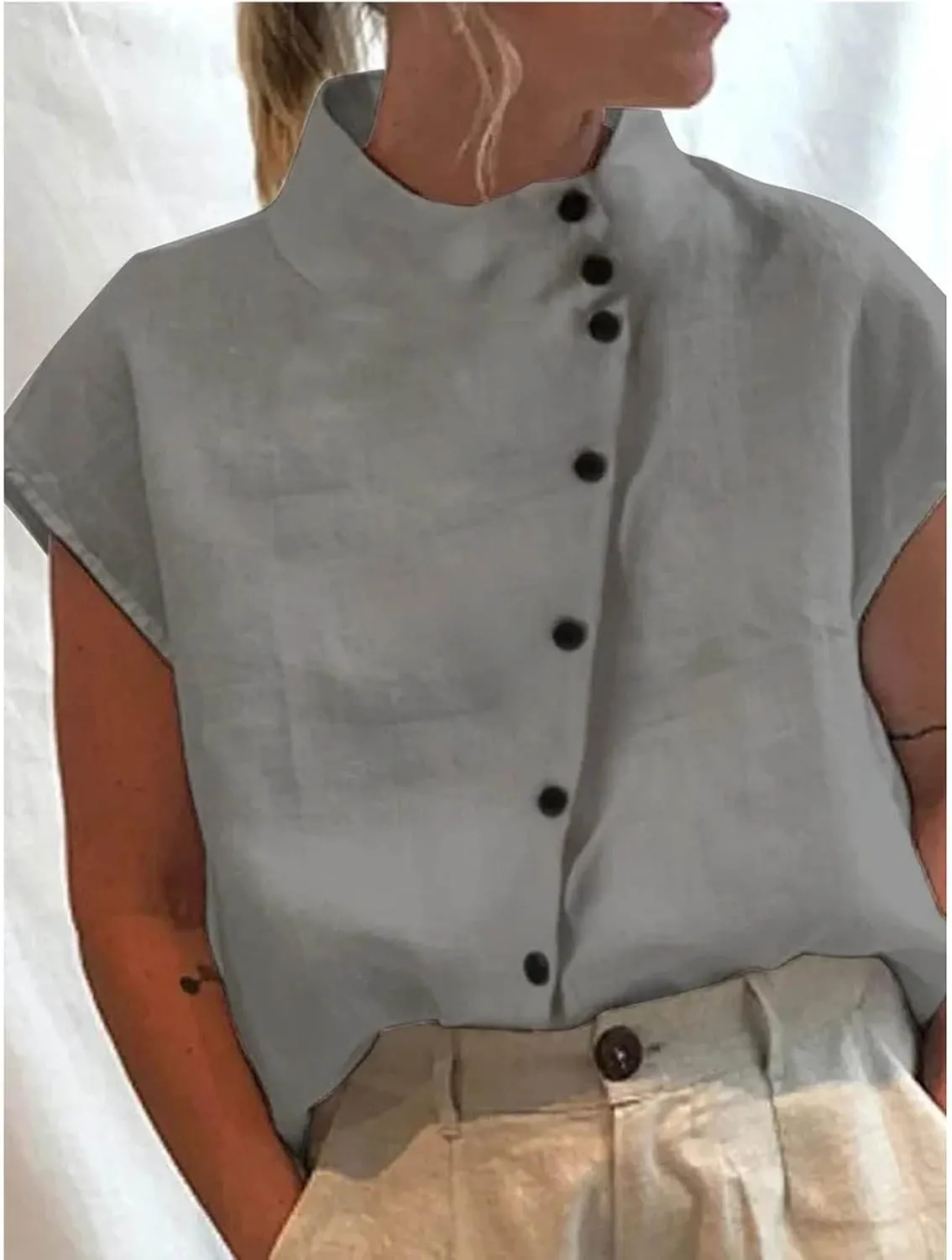 Womens Short Sleeve Button Cotton Linen Tops Simple Solid Color Tees Shirts Loose Casual Fashion Blouse