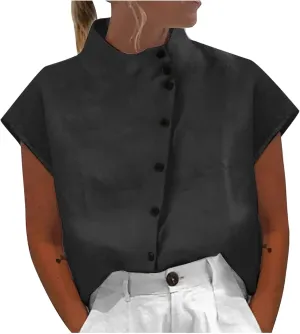Womens Short Sleeve Button Cotton Linen Tops Simple Solid Color Tees Shirts Loose Casual Fashion Blouse