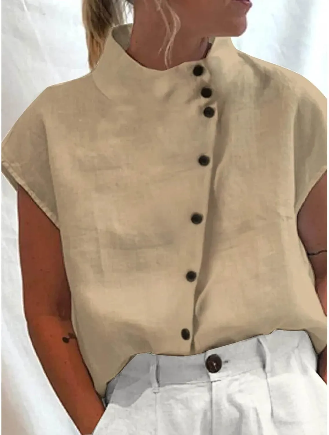 Womens Short Sleeve Button Cotton Linen Tops Simple Solid Color Tees Shirts Loose Casual Fashion Blouse