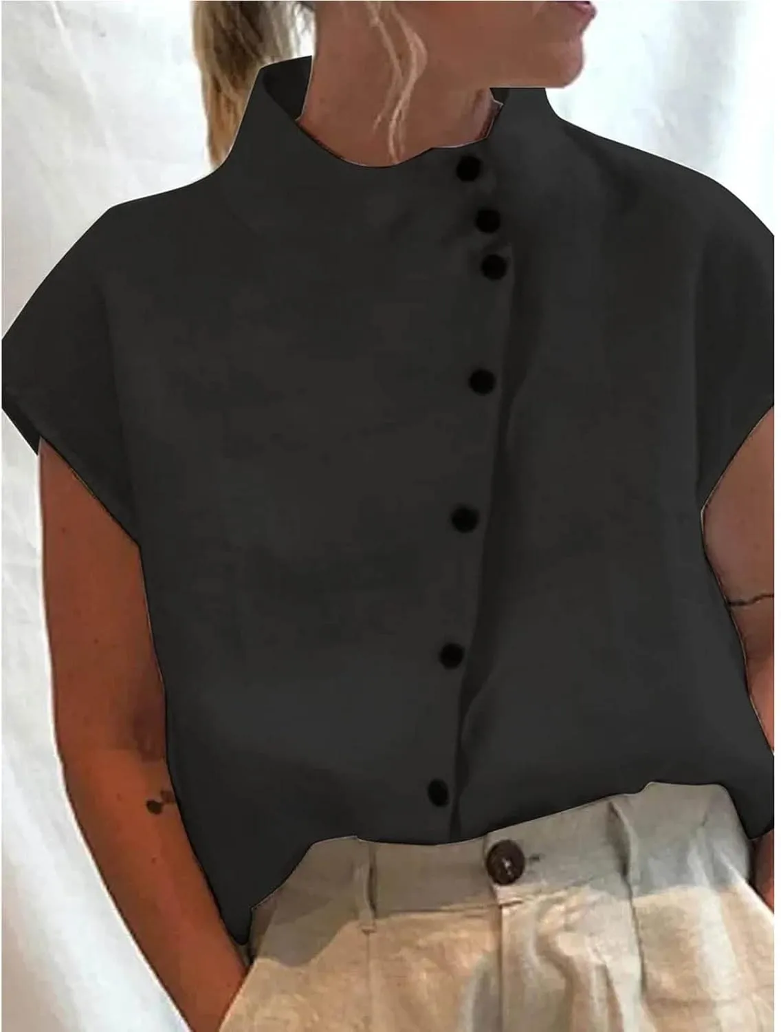 Womens Short Sleeve Button Cotton Linen Tops Simple Solid Color Tees Shirts Loose Casual Fashion Blouse