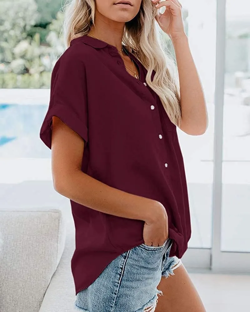 Womens Short Sleeve Casual Button Down Shirts Summer Soft Fashion Cotton Blouses Tops with Pocket