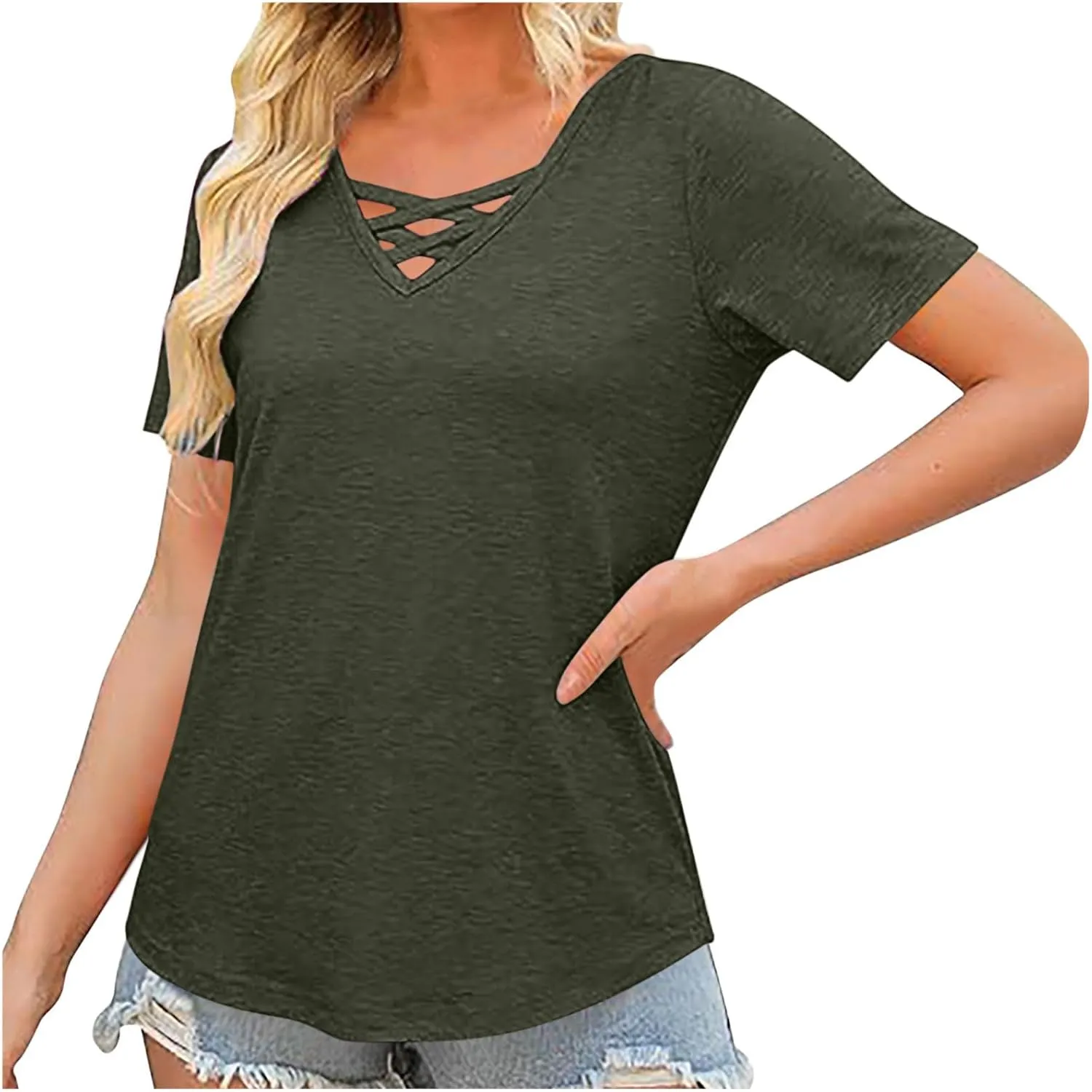 Women's Short Sleeve V Neck Criss Cross T-Shirt Tops Sexy Casual Dressy Blouses Spring Summer Tshirts Casual Soft Tee